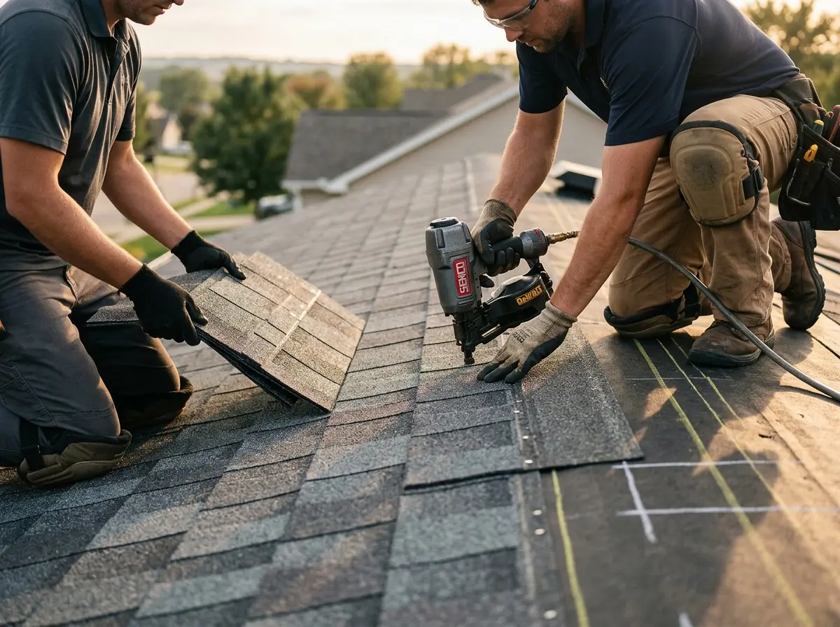 Professional roofer working on a residential roof in Englewood